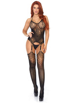 Load image into Gallery viewer, Leg Avenue Lace Jacquard Suspender Bodystocking - Black - One Size
