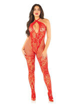 Load image into Gallery viewer, Leg Avenue Seamless Net and Lace Lingerie Jumpsuit with Keyhole Crossover Halter