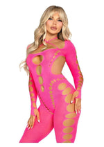 Load image into Gallery viewer, Leg Avenue Seamless Opaque Cut-Out Footless Bodystocking - Pink - One Size