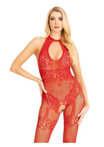 Load image into Gallery viewer, Leg Avenue Seamless Rhinestone Fishnet Bodystocking with Keyhole and Lace Lingerie Detail - Red - One Size
