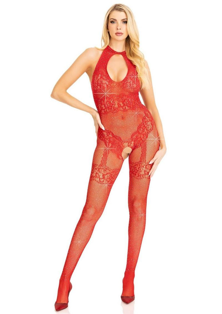 Leg Avenue Seamless Rhinestone Fishnet Bodystocking with Keyhole and Lace Lingerie Detail