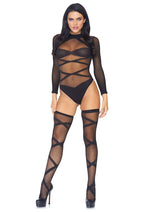 Load image into Gallery viewer, Leg Avenue Sheer Criss Cross Bodysuit with Matching Thigh High - Black - One Size - 2 Piece Set
