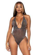Load image into Gallery viewer, Leg Avenue Shimmer Sheer Lurex Rhinestone Bodysuit with Thong Back and Convertible Wrap-Around Straps - Black/Silver - One Size
