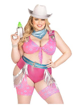 Load image into Gallery viewer, Leg Avenue Space Cowgirl Set Bandana Print Tie Front Crop Top with Fringe Trim, High Waist Bottoms with Attached Chaps, Belt with Fringe Detail, and Neck Bandana (4 Piece) - 1x/2x - Multicolor