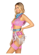 Load image into Gallery viewer, Leg Avenue Space Cowgirl Set Bandana Print Tie Front Crop Top with Fringe Trim, High Waist Bottoms with Attached Chaps, Belt with Fringe Detail, and Neck Bandana - Multicolor - XSmall - 4 Piece