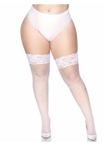 Load image into Gallery viewer, Leg Avenue Spandex Industrial Net Thigh Highs with Stay Up Silicone Lace Top - White - Queen/XLarge/XXLarge