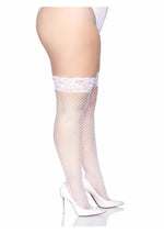 Load image into Gallery viewer, Leg Avenue Spandex Industrial Net Thigh Highs with Stay Up Silicone Lace Top - White - Queen/XLarge/XXLarge