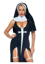 Load image into Gallery viewer, Leg Avenue Sultry Sinner Dual Slit Garter Dress with Vinyl Cross Detail, Vinyl Collar, and Nun Habit - Black/White - Medium - 3 Piece
