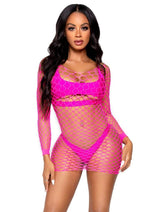 Load image into Gallery viewer, Leg Avenue Supreme Fence Net Long Sleeved Mini Dress - Neon Pink/Pink - One Size