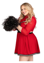 Load image into Gallery viewer, Leg Avenue Varsity Babe Set Crop Top with Cheer Logo, Pleated Skirt, and Pom Poms (3 Piece) - 1x/2x - Red