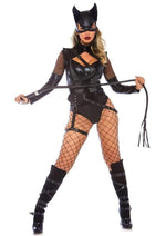 Load image into Gallery viewer, Leg Avenue Villainess Vixenspandex Strappy Bodysuit with O-Ring Attached Garter and Matching Hooded Mask
