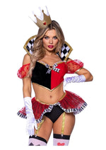 Load image into Gallery viewer, Leg Avenue Wicked Wonderland Queen Tow-Tone Boned Crop Top with Stay Up Collar and Broach Accent, Garter Panty with Peplum Skirt, and Crown Headband - Black/Red - Small - 3 Piece
