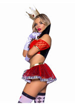 Load image into Gallery viewer, Leg Avenue Wicked Wonderland Queen Tow-Tone Boned Crop Top with Stay Up Collar and Broach Accent, Garter Panty with Peplum Skirt, and Crown Headband - Black/Red - Small - 3 Piece
