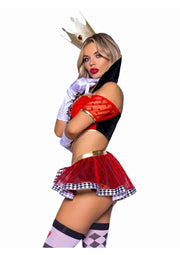 Leg Avenue Wicked Wonderland Queen Tow-Tone Boned Crop Top with Stay Up Collar and Broach Accent, Garter Panty with Peplum Skirt, and Crown Headband - Black/Red - Small - 3 Piece