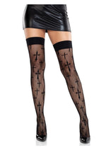 Load image into Gallery viewer, Leg Avenue Worship Me Cross Net Thigh Highs - Black - One Size