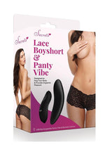 Load image into Gallery viewer, Secrets Lace Boyshort and Rechargeable Remote Control Panty Vibe - Black - One Size
