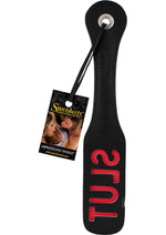 Load image into Gallery viewer, Sportsheets Leather Slut Impression Paddle - Black - 12in
