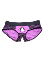 Load image into Gallery viewer, Strap U Lace Envy Lace Crotchless Panty Harness - Black/Purple - 3XLarge
