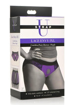 Load image into Gallery viewer, Strap U Lace Envy Lace Crotchless Panty Harness - Black/Purple - 3XLarge
