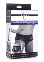 Load image into Gallery viewer, Strap U Lace Envy Pegging Set with Lace Crotchless Panty Harness and Dildo - Black/Purple - Large/XLarge - 5in

