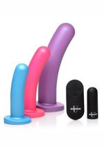 Load image into Gallery viewer, Strap U Triple Peg 28x Vibrating Rechargeable Silicone Dildo Set with Remote Control - Assorted Colors - 5 Piece
